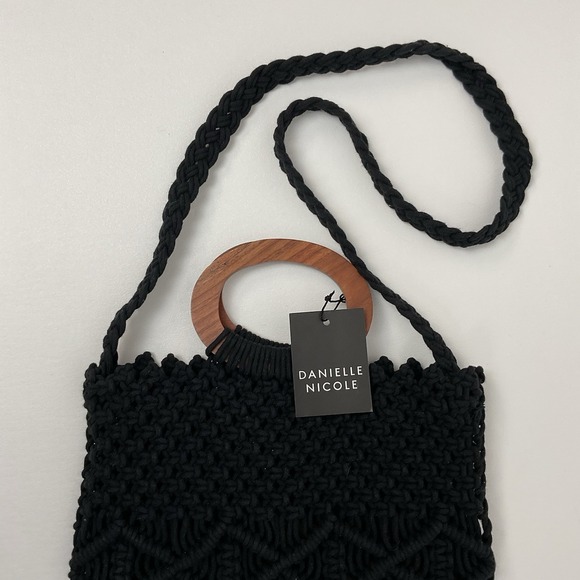 Danielle Nicole Black Macrame Fringe Crossbody Shoulder Bag Boho Cottagecore - Picture 3 of 9